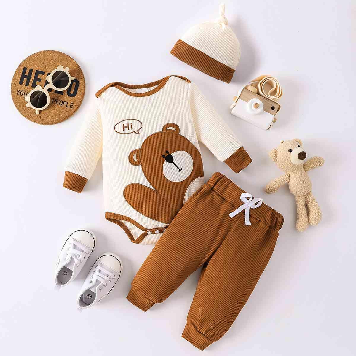 Bear Round Neck Bodysuit and Joggers Set - Browngold Fashion