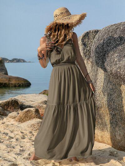 V-Neck Tie Shoulder Crochet Maxi Dress - Browngold Fashion