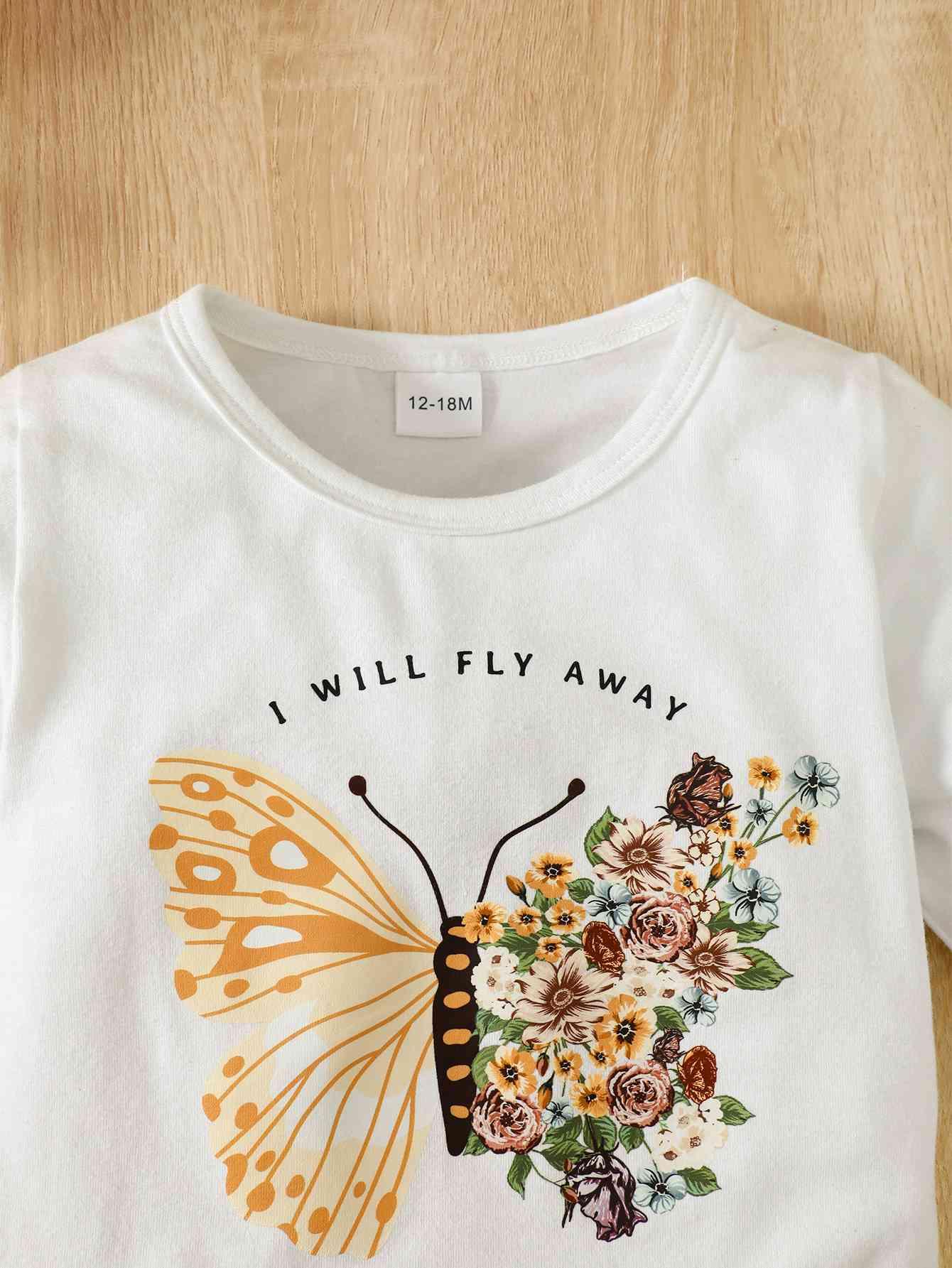 I Will FLY AWAY Butterfly Graphic Tee and Floral Print Flare Pants Kit - Browngold Fashion