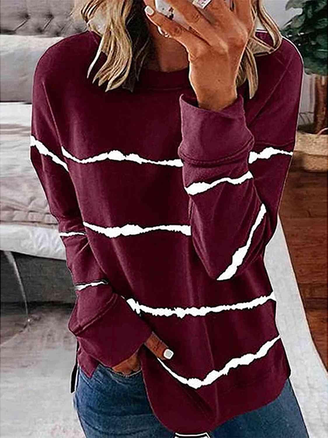 Striped Round Neck Sweatshirt - Browngold Fashion