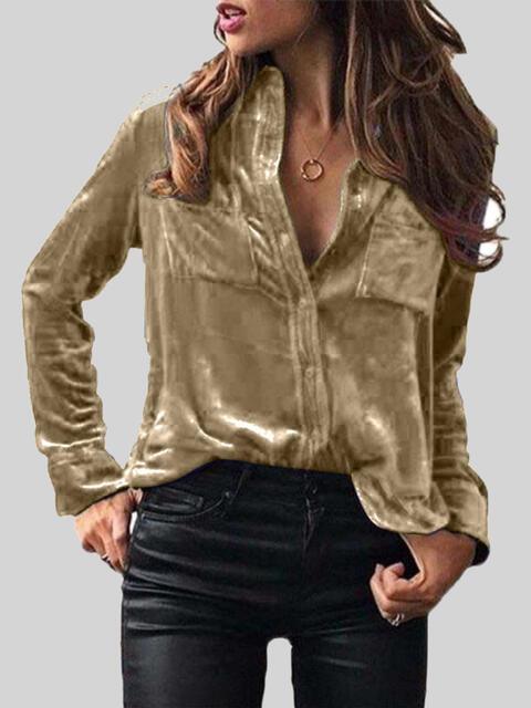 Button Up Collared Shirt with Breast Pockets - Browngold Fashion