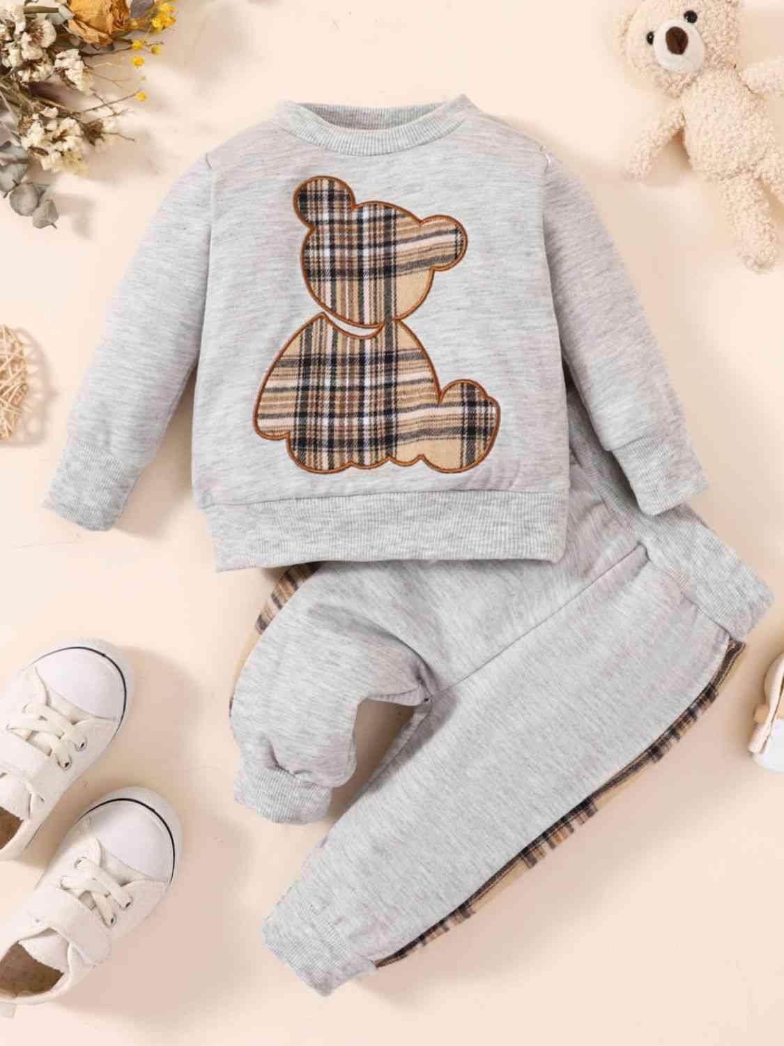 Baby Bear Graphic Sweatshirt and Joggers Set - Browngold Fashion