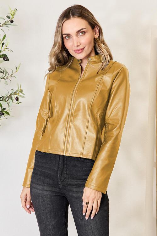 Mock Neck Zip Up Jacket - Browngold Fashion