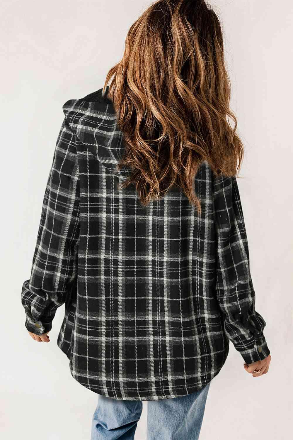 Plaid Snap Down Hooded Jacket - Browngold Fashion