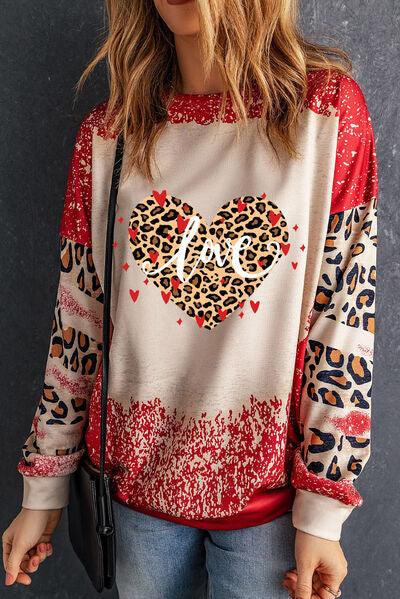 LOVE Heart Leopard Round Neck Sweatshirt - Browngold Fashion