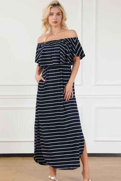 Striped Off-Shoulder Slit Dress - Browngold Fashion