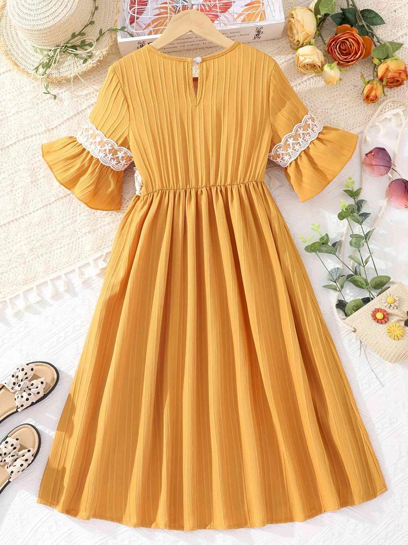 Lace Waistband Embroidery Round Neck Flounce Sleeve Dress - Browngold Fashion