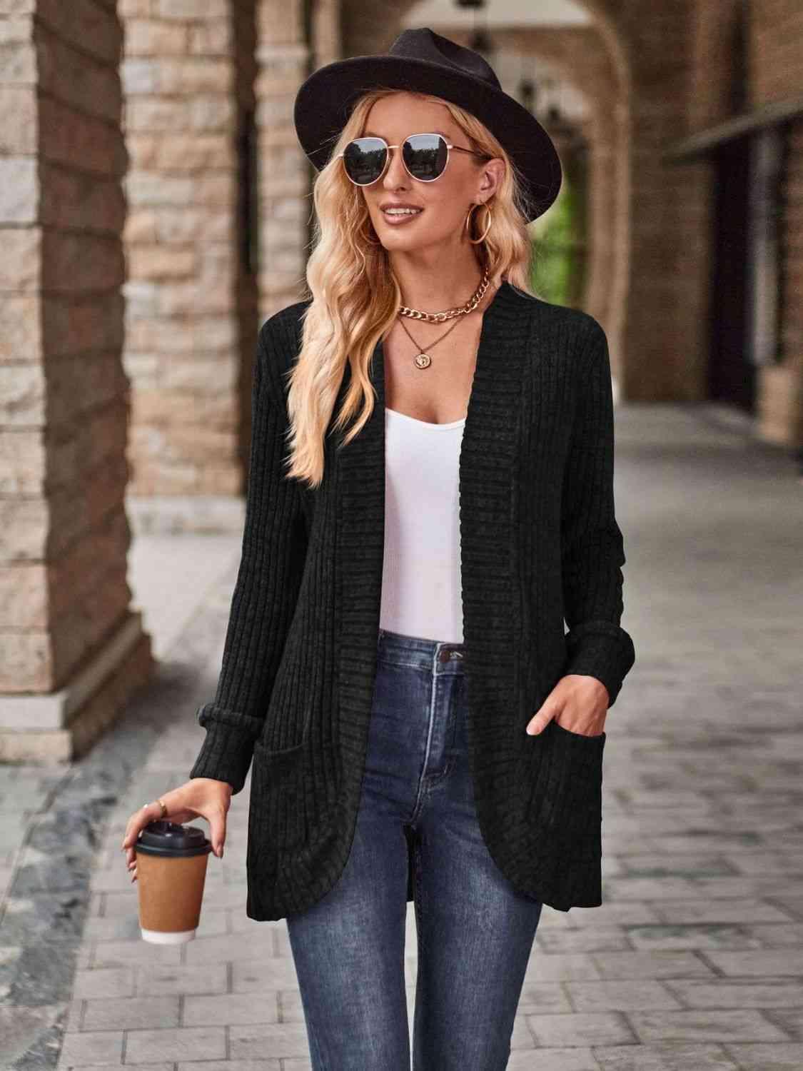 Open Front Cardigan with Pockets - Browngold Fashion