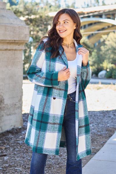 Double Take Full Size Plaid Button Up Lapel Collar Coat - Browngold Fashion