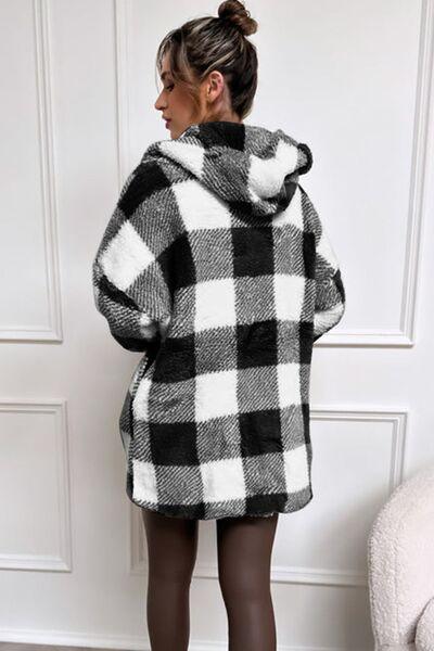 Double Take Full Size Plaid Long Sleeve Hooded Coat - Browngold Fashion