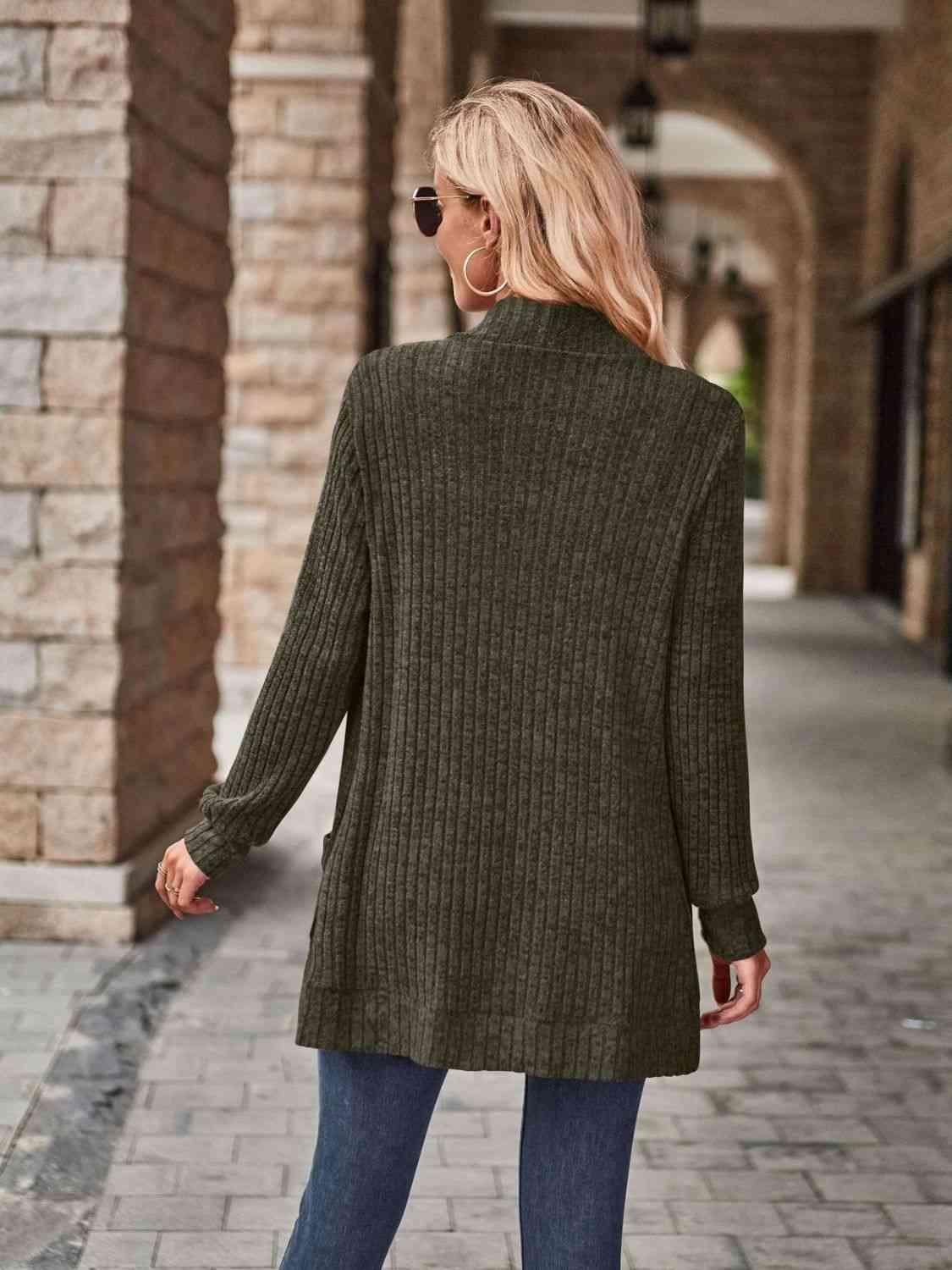 Open Front Cardigan with Pockets - Browngold Fashion