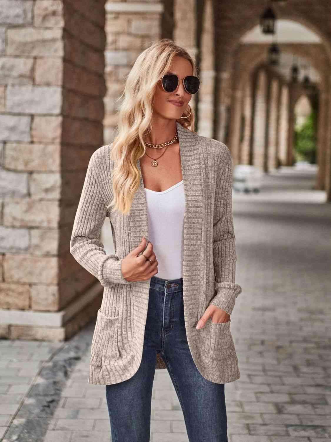 Open Front Cardigan with Pockets - Browngold Fashion