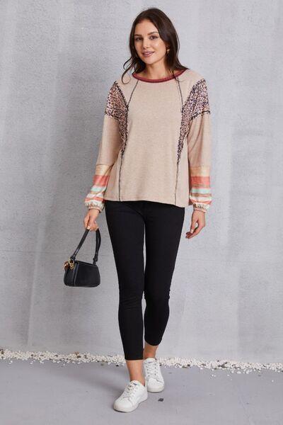 Contrast Stitching Leopard Long Sleeve Blouse - Browngold Fashion