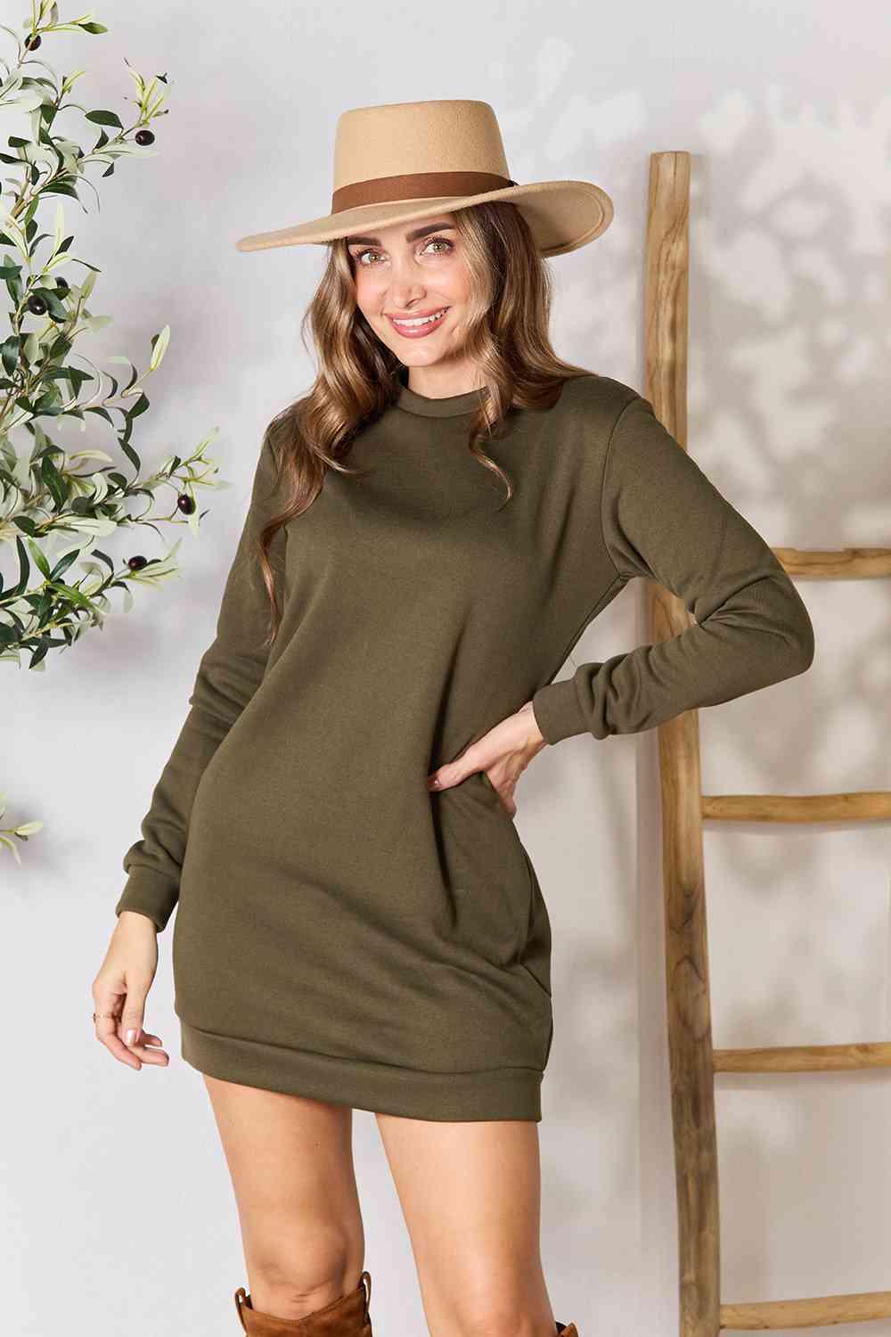 Double Take Round Neck Long Sleeve Mini Dress with Pockets - Browngold Fashion