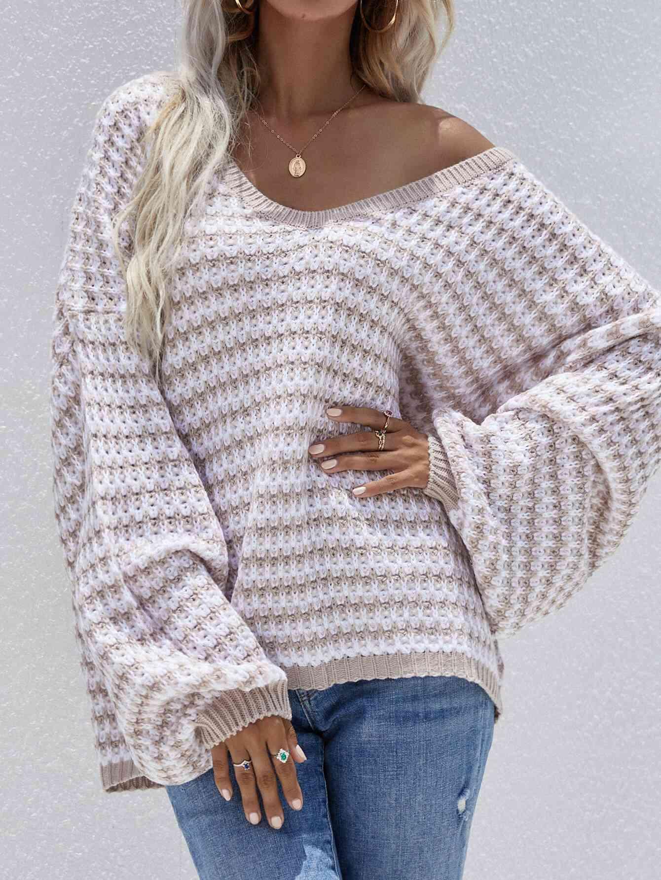 Striped Drop Shoulder V-Neck Pullover Sweater - Browngold Fashion