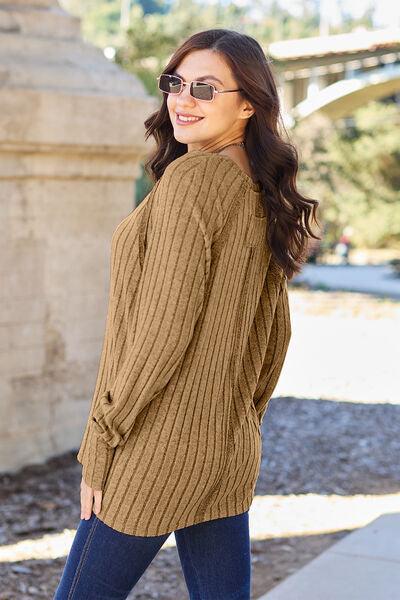 Basic Bae Full Size Ribbed Round Neck Long Sleeve Knit Top - Browngold Fashion