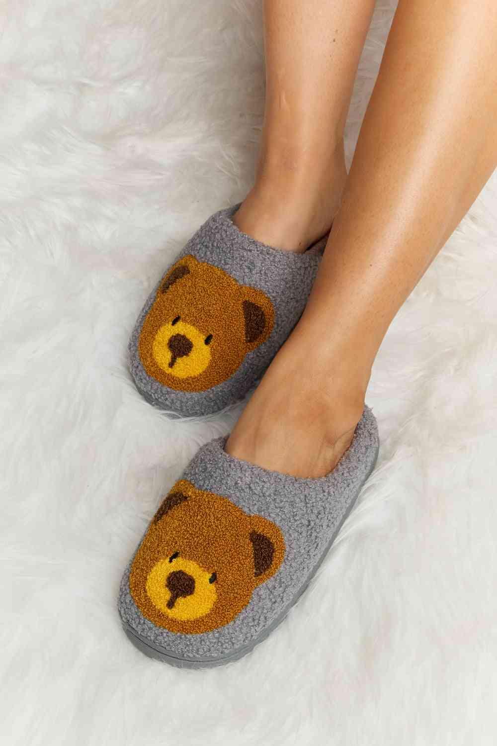 Melody Teddy Bear Print Plush Slide Slippers - Browngold Fashion