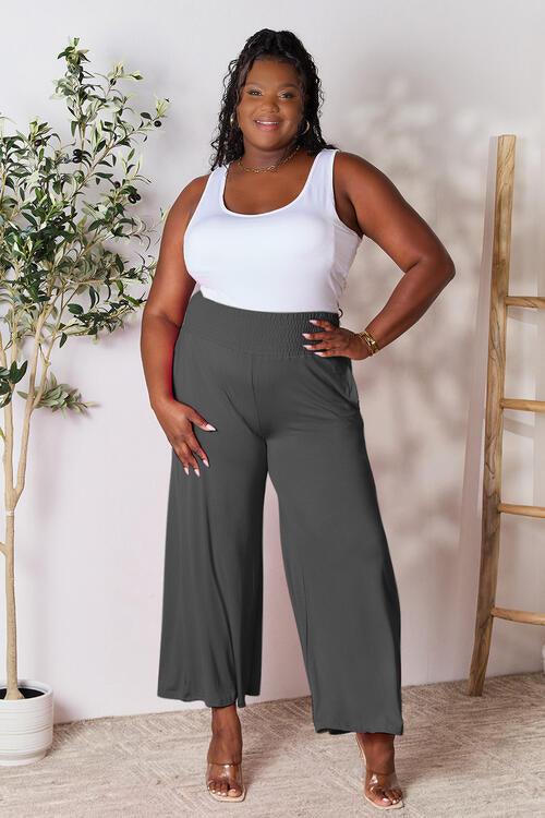 Double Take Full Size Smocked Wide Waistband Wide Leg Pants - Browngold Fashion