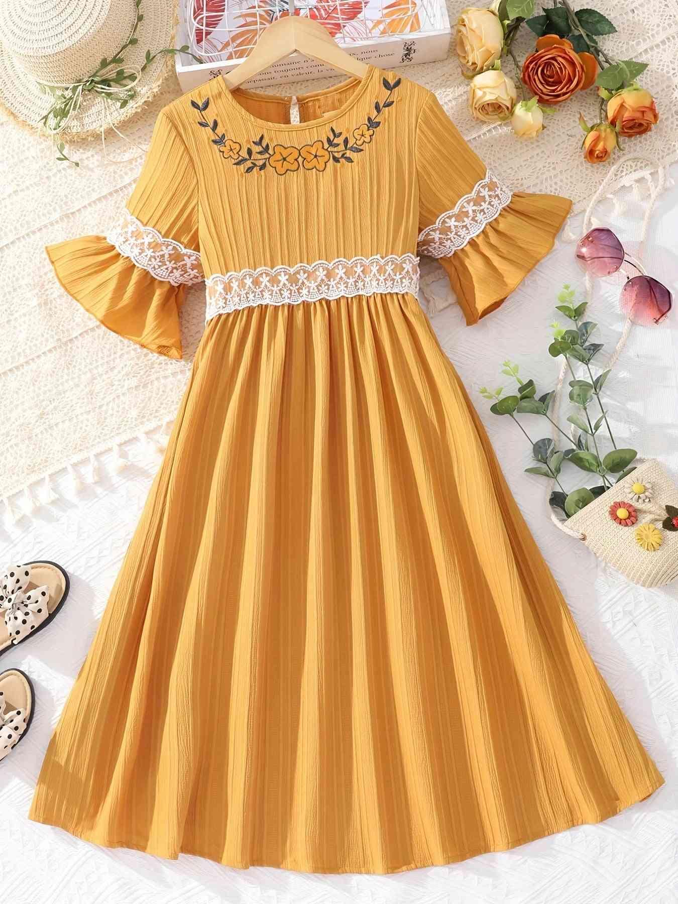 Lace Waistband Embroidery Round Neck Flounce Sleeve Dress - Browngold Fashion