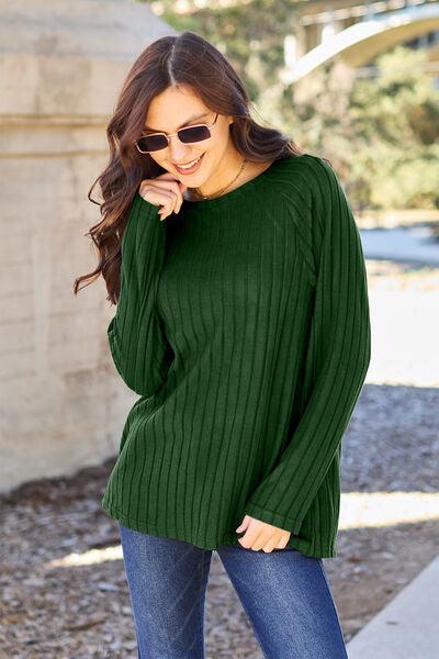 Basic Bae Full Size Ribbed Round Neck Long Sleeve Knit Top - Browngold Fashion