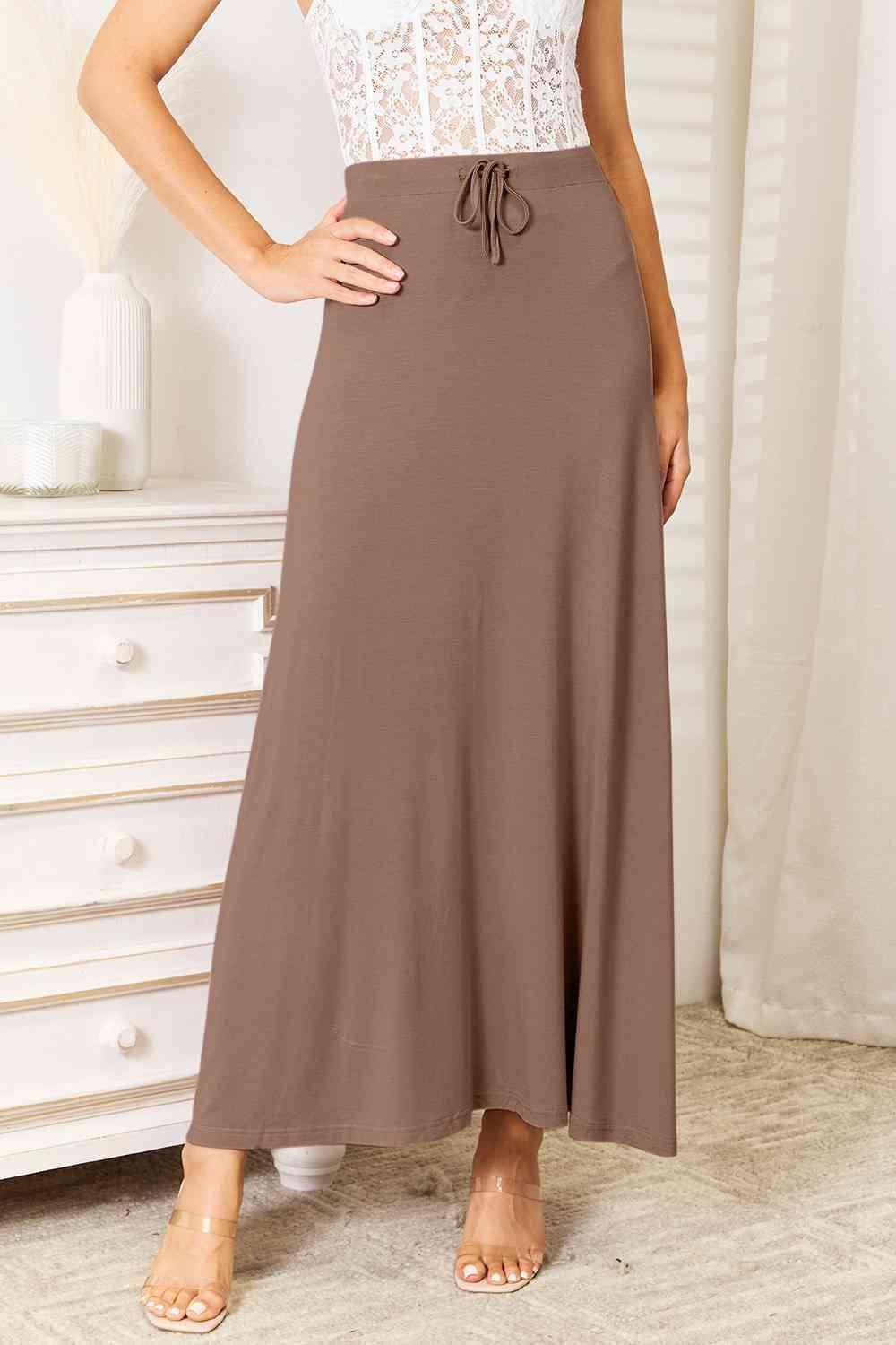 Double Take Full Size Soft Rayon Drawstring Waist Maxi Skirt Rayon - Browngold Fashion