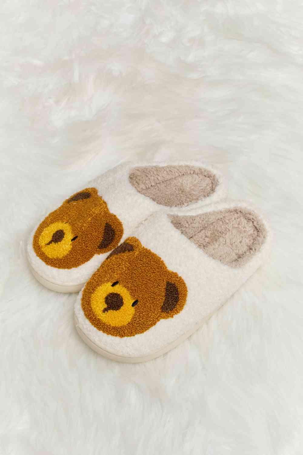 Melody Teddy Bear Print Plush Slide Slippers - Browngold Fashion