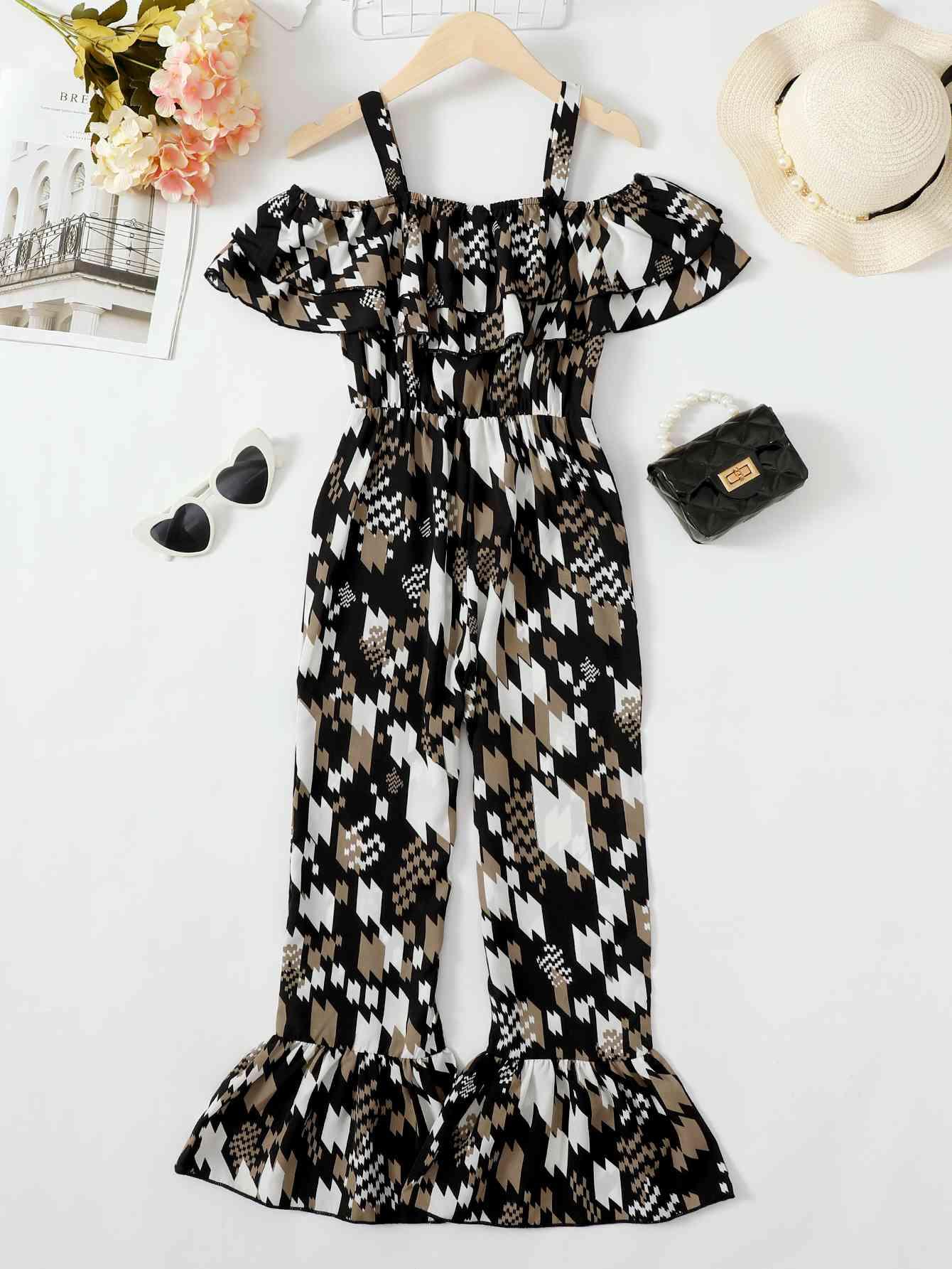 Printed Cold-Shoulder Flare Leg Jumpsuit - Browngold Fashion