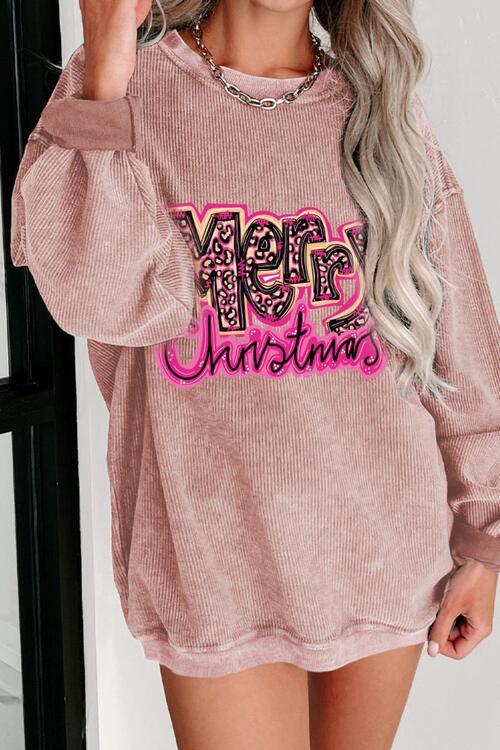 MERRY CHRISTMAS Round Neck Long Sleeve Sweatshirt - Browngold Fashion