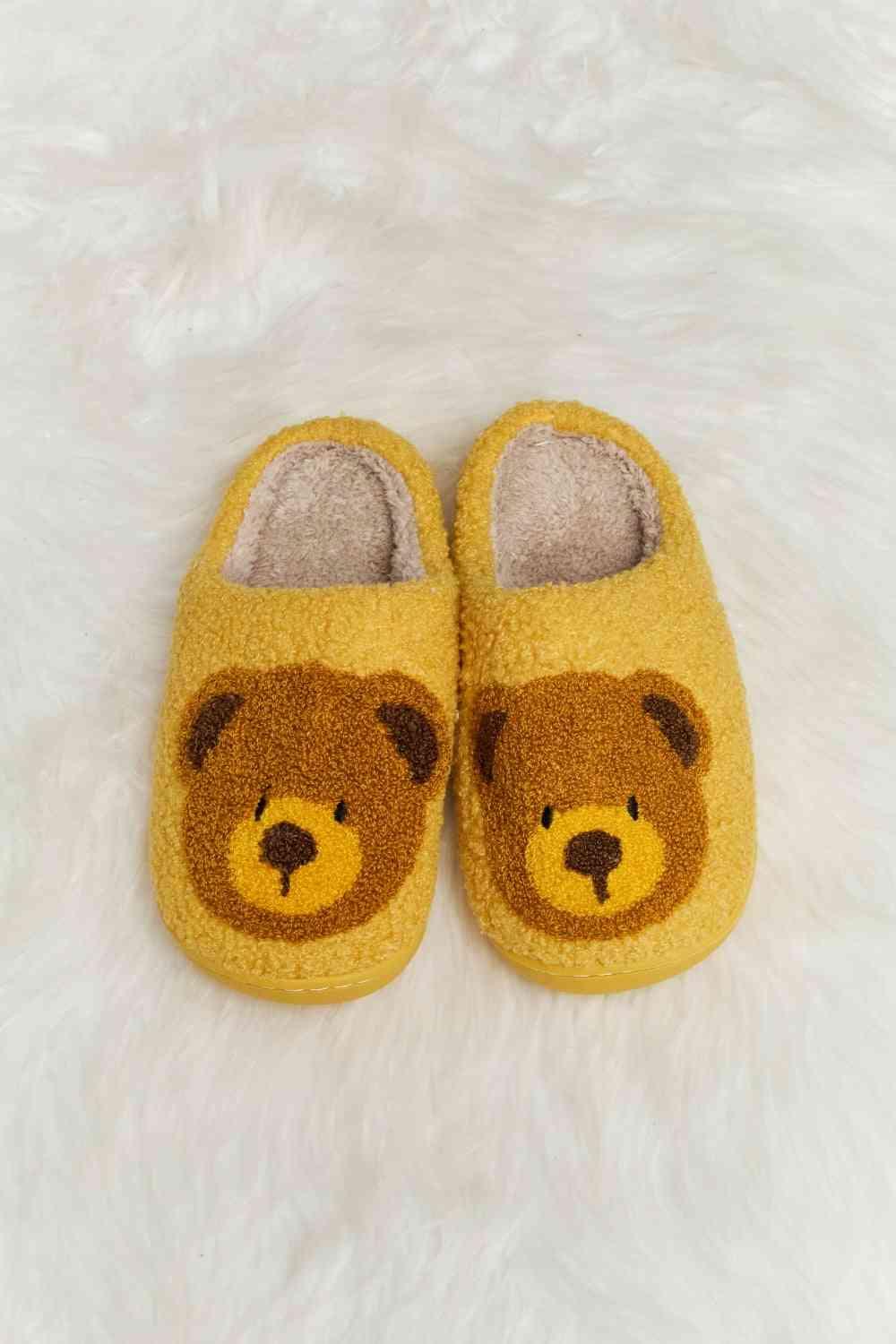 Melody Teddy Bear Print Plush Slide Slippers - Browngold Fashion