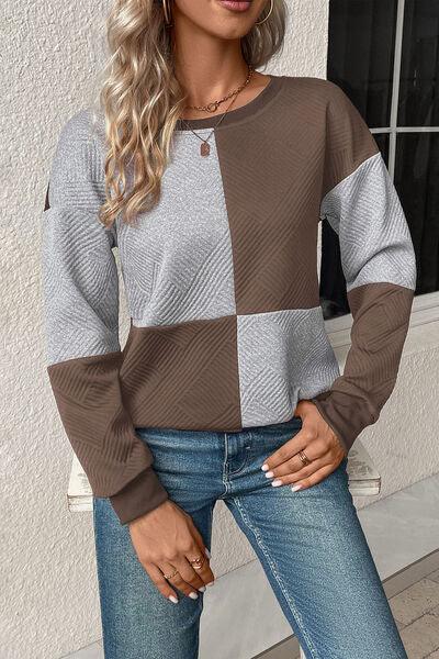 Textured Color Block Round Neck Sweatshirt - Browngold Fashion