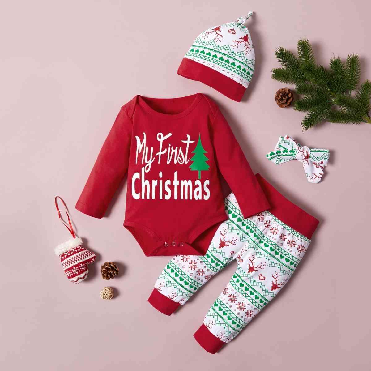 MY FIRST CHRISTMAS Graphic Bodysuit and Pants Set - Browngold Fashion