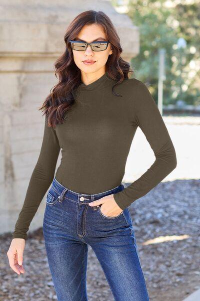 Basic Bae Full Size Mock Neck Long Sleeve Bodysuit - Browngold Fashion