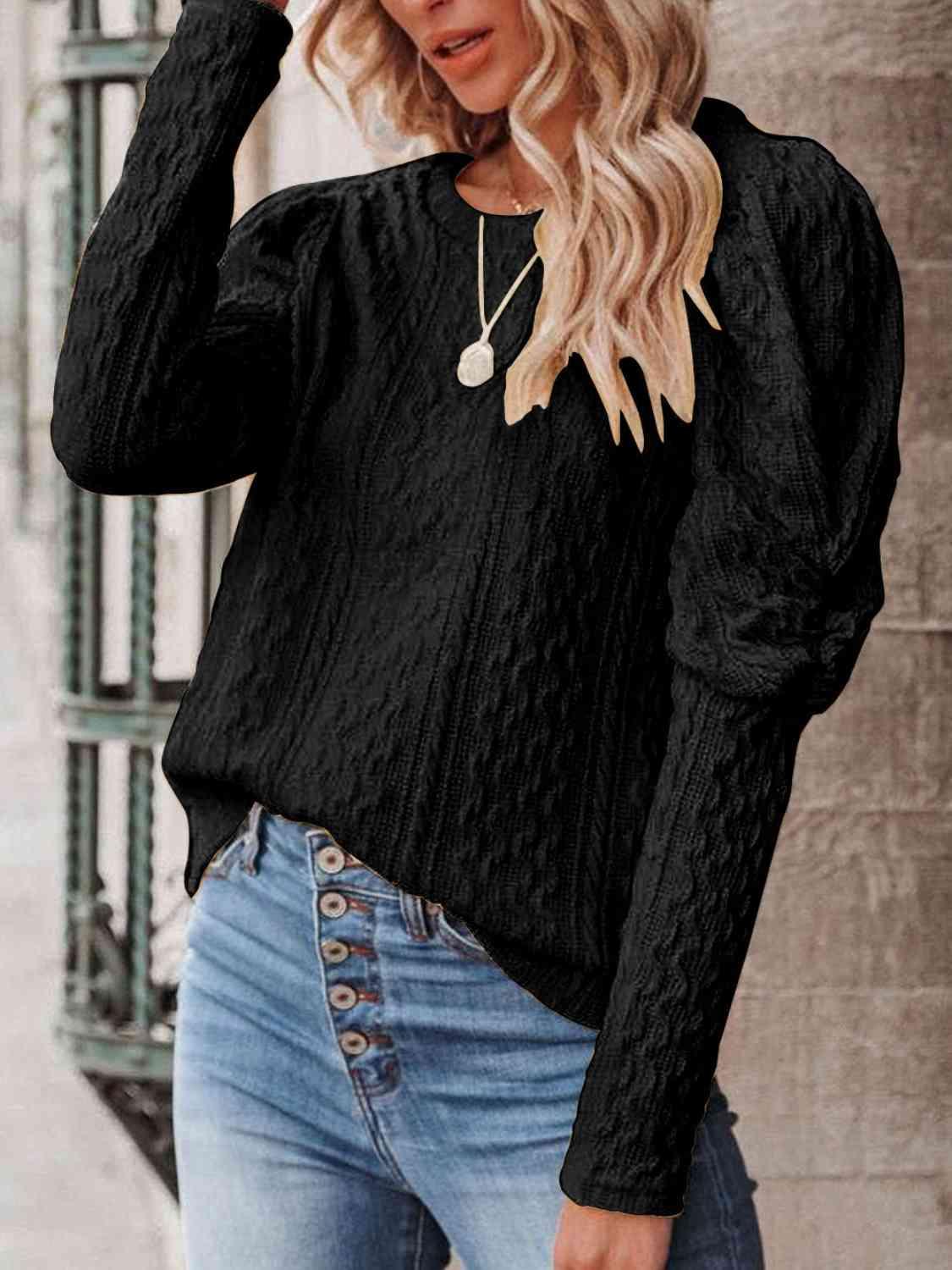 Round Neck Puff Sleeve Knit Top - Browngold Fashion