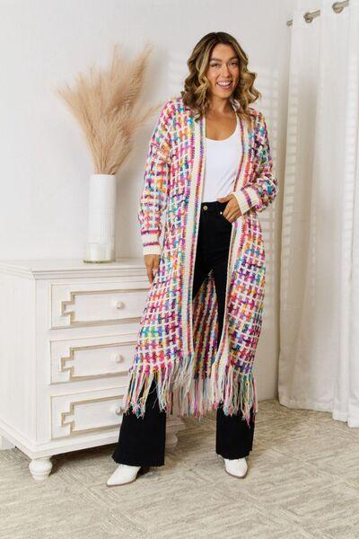 Multicolored Open Front Fringe Hem Cardigan - Browngold Fashion