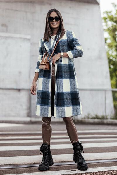 Double Take Full Size Plaid Button Up Lapel Collar Coat - Browngold Fashion