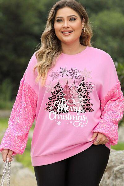 Plus Size MERRY CHRISTMAS Sequin Long Sleeve Sweatshirt - Browngold Fashion