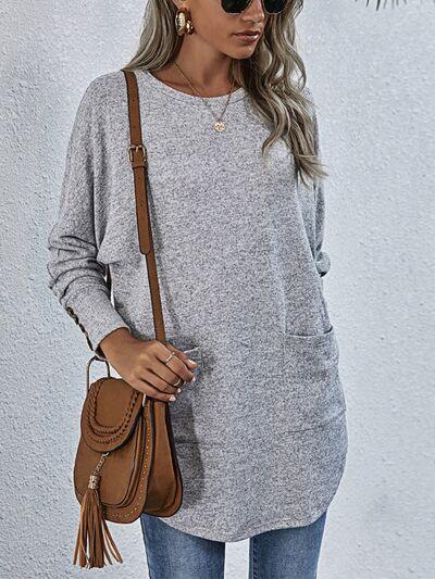 Buttoned Round Neck Long Sleeve T-Shirt - Browngold Fashion