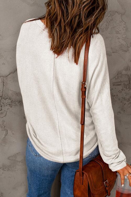 Seam Detail Round Neck Long Sleeve Top - Browngold Fashion