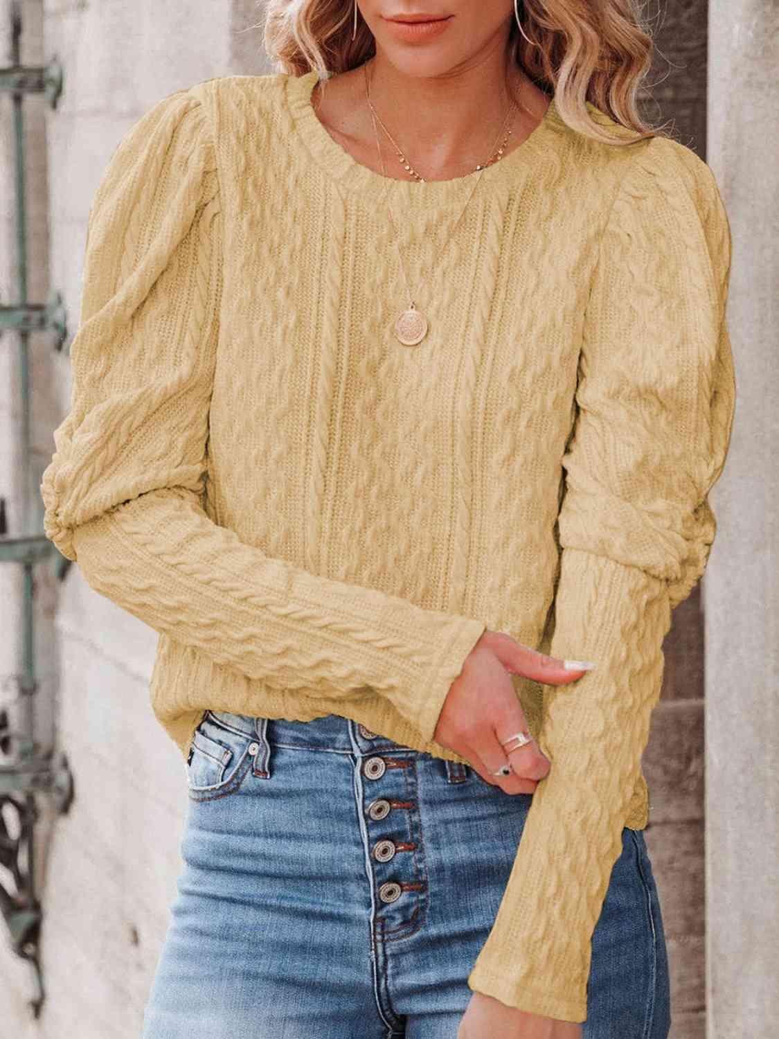 Round Neck Puff Sleeve Knit Top - Browngold Fashion