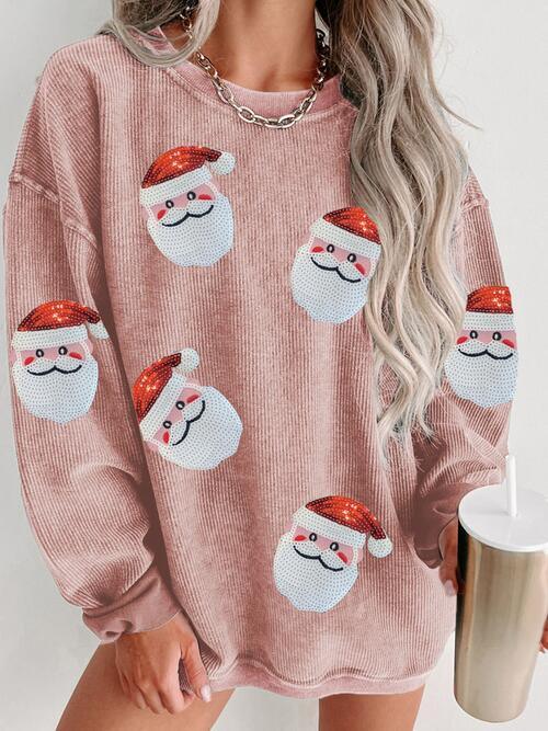 Sequin Santa Patch Ribbed Sweatshirt - Browngold Fashion