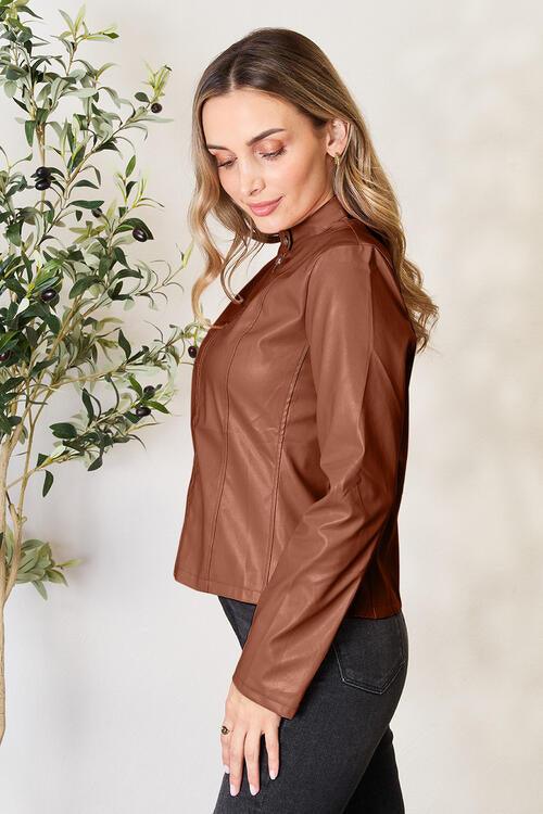 Mock Neck Zip Up Jacket - Browngold Fashion