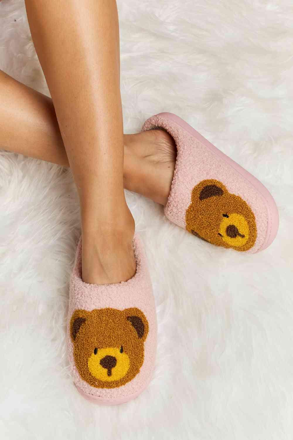 Melody Teddy Bear Print Plush Slide Slippers - Browngold Fashion