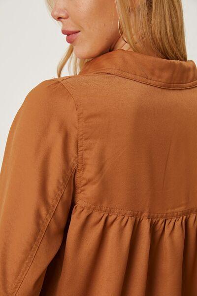 Balloon Sleeve Collared Neck Blouse - Browngold Fashion