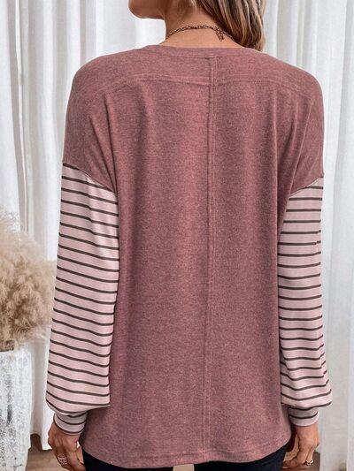 Round Neck Striped Long Sleeve Slit T-Shirt - Browngold Fashion