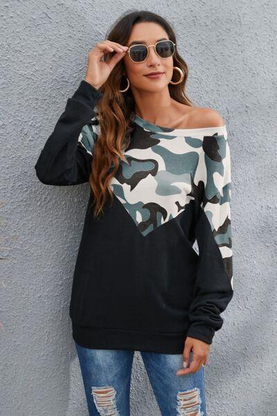 Camouflage Round Neck Long Sleeve Sweatshirt - Browngold Fashion