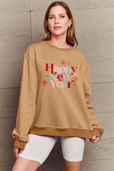 Simply Love Full Size HAPPY NEW YEAR Round Neck Sweatshirt - Browngold Fashion