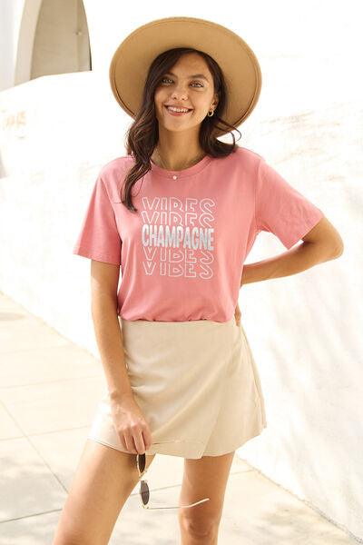 Simply Love Full Size CHAMPAGNE VIBES Round Neck T-Shirt - Browngold Fashion