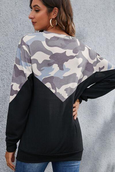 Camouflage Round Neck Long Sleeve Sweatshirt - Browngold Fashion