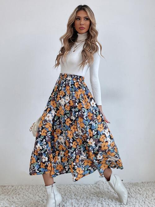 Printed Ruffle Hem Midi Skirt - Browngold Fashion