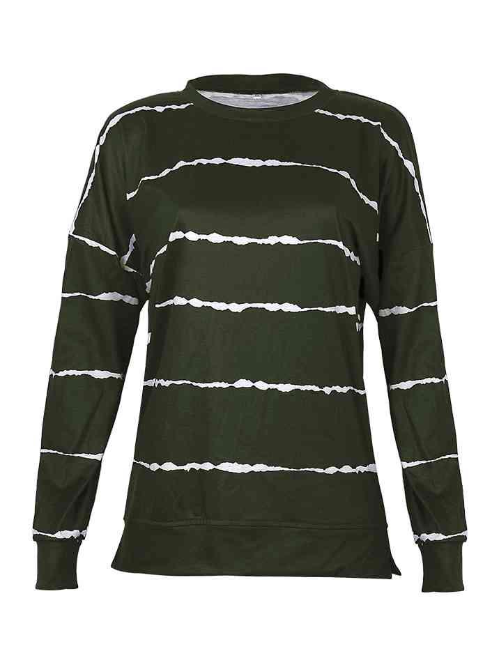 Striped Round Neck Sweatshirt - Browngold Fashion